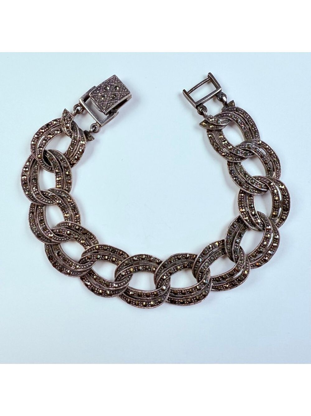 Vintage Large Marcasite 16mm Flat Curb Chain Link Sterling Silver 925 Bracelet
